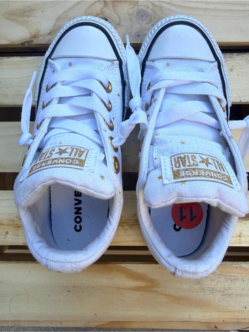 Converse Kids White Low Top Sneakers with Gold Star Accents